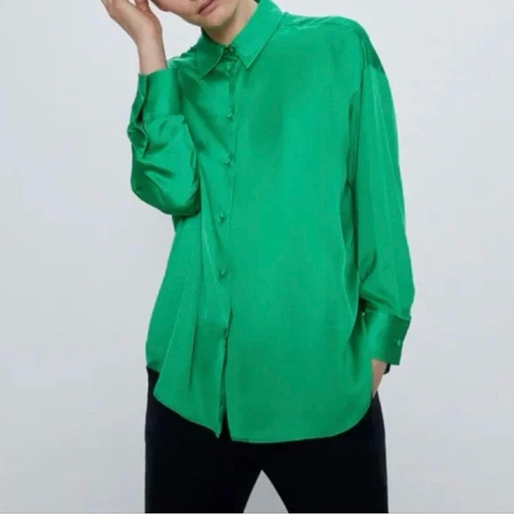 Zara Tops - Zara Emerald Green Satin Button-Up Blouse